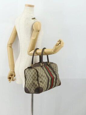 GUCCI GG Supreme Web Sherry Line Boston Bag PVC Beige Gold Auth gh1531
